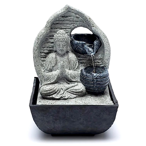 Tischbrunnen "Buddha" in grau aus Polyresin, mit warmweißer LED