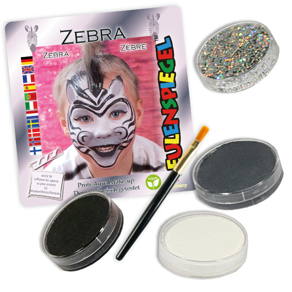 Kinderschminke-Set Zebra, Profi-Aqua, 3 Farben +1x Glitzer +Pinsel