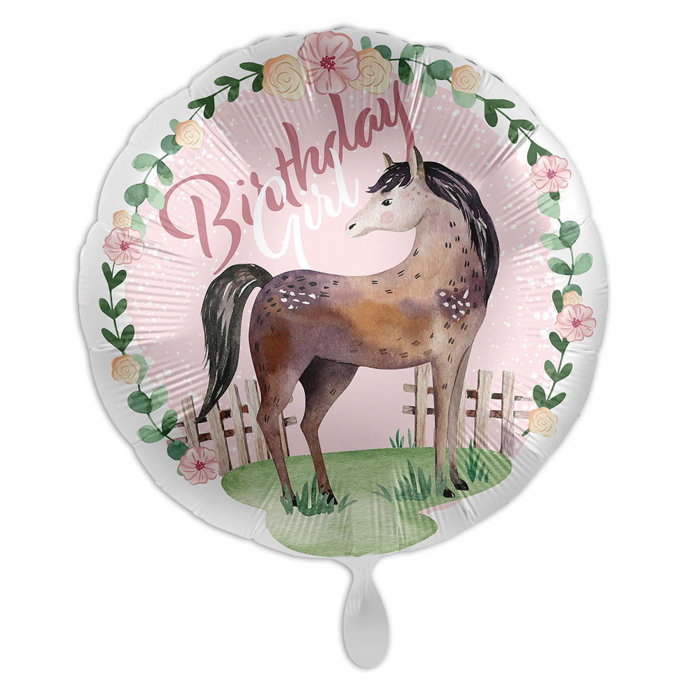 "Birthday Girl", runder Heliumballon mit Pferdemotiv Ø 34 cm