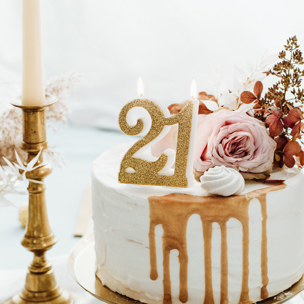 Tortenkerze zum 21. Geburtstag, golden glitzernd, 7,5cm x 7cm