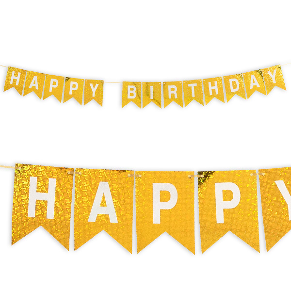Happy Birthday-Wimpelkette in gold, holografisch glitzernd