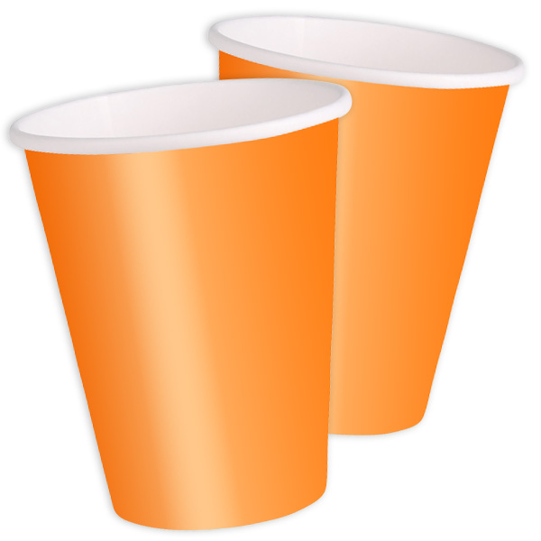 Partybecher Orange 8er Pack, 270 ml, universelle Pappbecher, einfarbig