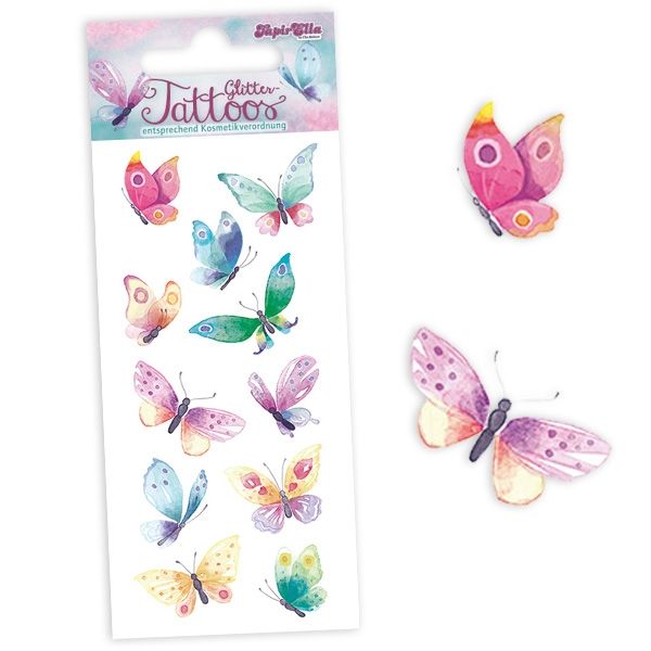 Schmetterlinge Glitzertattoos, 1 Karte mit 11 Butterfly-Klebetattoos