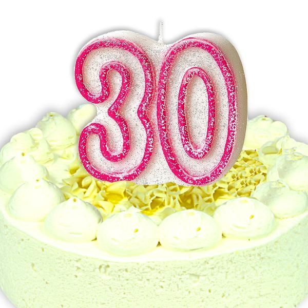 Geburtstagskerze Zahl 30, in schimmerndem Pink für Frauen