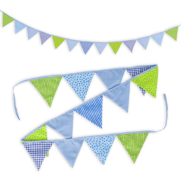 Wimpelkette, blau grün gemustert, 2,2m lang  - Onlineshop Geburtstagsfee
