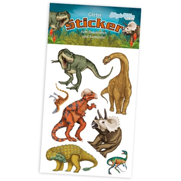 Dino-Glitzersticker  mit T-Rex, Raptor und Langhals, 1 Karte